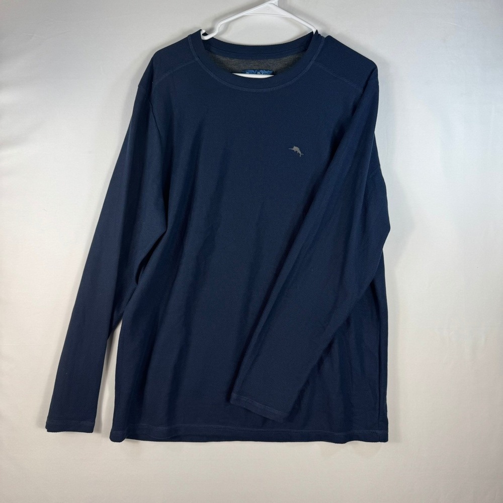 Tommy Bahama Mens Large Navy Blue Long Sleeve Waffle Knit Crew Neck Shirt Marlin